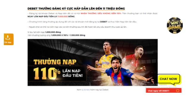 Thưởng nạp 110% là ưu đãi khủng đến từ Debet